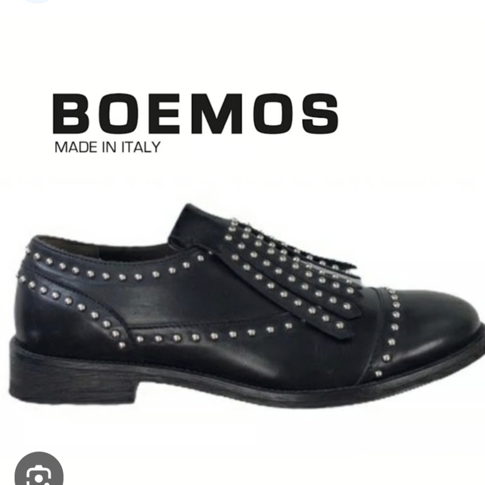 Boemos Italian Black Leather Silver Studs Kiltie Oxfords, Woman's EU 36 US 5.5-6